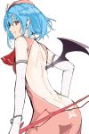  1girl ascot bare_back bat_wings blue_hair butt_crack china_dress chinese_clothes earrings elbow_gloves fang gloves hat jewelry red_eyes remilia_scarlet ruuto_(sorufu) short_hair simple_background smile solo touhou white_background white_gloves wings 