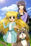  :d absurdres alicia_testarossa blonde_hair blue_eyes blush brown_eyes cat clouds dress grass grey_hair higa_yukari highres laughing linith long_hair lyrical_nanoha mahou_shoujo_lyrical_nanoha mother_and_daughter nyantype official_art open_mouth precia_testarossa ribbon scan sky smile tree two_side_up violet_eyes 