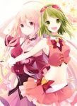  2girls bangs bare_shoulders bowtie collar goggles goggles_on_head goggles_removed green_eyes green_hair gumi heart ia_(vocaloid) long_hair looking_at_viewer midriff multiple_girls navel open_mouth payot pink_eyes pink_hair pink_shirt pink_skirt shirt short_hair short_sleeves sidelocks skirt smile star t_miyanagi tank_top vocaloid 