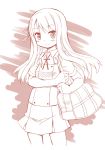  1girl blush hidamari_sketch long_hair matsuri_(hidamari_sketch) monochrome school_uniform skirt smile solo yoshitani_motoka 