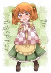  1girl apron bell blush boots checkered checkered_background checkered_shirt commentary_request cross-laced_footwear hammer_(sunset_beach) jingle_bell looking_at_viewer motoori_kosuzu open_mouth orange_eyes orange_hair short_hair skirt solo tears touhou translated two_side_up 