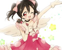  1girl akakokko black_hair choker dress frills gloves love_live!_school_idol_project lowres microphone pink_dress red_eyes short_hair smile solo star striped striped_legwear twintails vertical-striped_legwear vertical_stripes white_gloves wings yazawa_nico 