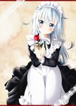  1girl alternate_costume blue_eyes enmaided flower hibiki_(kantai_collection) highres kantai_collection long_hair maid maid_headdress natsupa rose silver_hair solo 