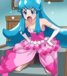  1girl bare_shoulders barefoot blue_eyes blue_hair blush bustier elbow_gloves gloves hands_on_hips happinesscharge_precure! haruyama_kazunori kneeling long_hair open_mouth precure shell shirayuki_hime solo white_gloves 
