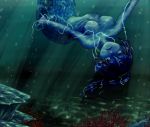  1girl azu_(bnpsikyu6935-he) blue_skin mermaid monster_girl original pointy_ears solo underwater upside-down 