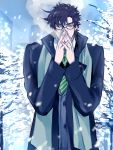  1boy atsuyu bespectacled black_hair blue_eyes breath caesar_anthonio_zeppeli covering_face glasses highres jojo_no_kimyou_na_bouken necktie scarf snow snowing solo tree winter_clothes 