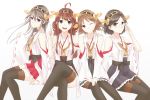  4girls bare_shoulders black_hair brown_hair detached_sleeves glasses hairband haruna_(kantai_collection) he92 hiei_(kantai_collection) japanese_clothes kantai_collection kirishima_(kantai_collection) kongou_(kantai_collection) long_hair multiple_girls nontraditional_miko one_eye_closed open_mouth pantyhose personification ribbon-trimmed_sleeves ribbon_trim short_hair smile thighhighs wink 