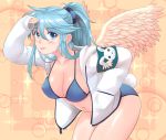  1girl angel_wings armband bent_over bikini blue_eyes blue_hair bunny_tail jacket long_hair original peter_lau swimsuit tail wings 