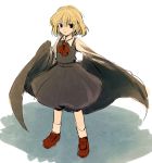 1girl ascot blonde_hair blouse cape ex-rumia expressionless furorida no_ribbon red_shoes rough rumia shoes short_hair skirt touhou vest 