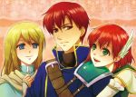  1girl 2boys :d blonde_hair blue_eyes cape feathers fire_emblem fire_emblem:_rekka_no_ken green_eyes hair_feathers head_on_shoulder kitsukit long_hair lucius multiple_boys open_mouth priscilla_(fire_emblem) raven_(fire_emblem) red_eyes redhead short_hair smile weapon 