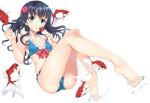  1girl bare_legs bare_shoulders barefoot bikini black_hair blue_bikini blue_eyes candy feet fish flower hair_flower hair_ornament koi lollipop long_hair original small_breasts smile solo swimsuit tachibana_yuu toes trefoil 