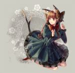  1girl animal_ears bangs black_bow bow braid breasts cat cat_ears cat_tail dress fingernails floral_background frilled_dress frills green_dress hair_bow juliet_sleeves kaenbyou_rin long_hair long_sleeves looking_back multiple_tails paw_pose puffy_long_sleeves puffy_sleeves red_bow red_eyes redhead silence_girl solo tail touhou twin_braids 