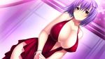  1girl amakura blush breasts center_opening cleavage curtains dress dutch_angle game_cg hair_ornament highres huge_breasts jewelry necklace nishinomiya_yuuri purple_hair red_dress short_hair solo umisora_no_fragments yellow_eyes 