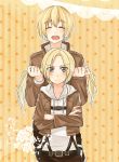  1boy 1girl :d ^_^ annie_leonhardt armin_arlert belt blonde_hair blue_eyes blush buckle bunching_hair closed_eyes crossed_arms flower highres hood hoodie jacket long_hair long_sleeves military military_uniform open_mouth shingeki_no_kyojin short_hair shun-syun smile star uniform 