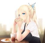  1girl blonde_hair blue_eyes blush boku_wa_tomodachi_ga_sukunai breasts butterfly_hair_ornament cait cup eating food hair_ornament highres kashiwazaki_sena large_breasts long_hair nail_polish plate ponytail sandwich solo 