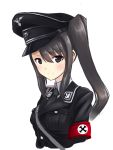  1girl a9b_(louis814) alternate_costume armband black_hair highres kantai_collection long_hair military military_uniform nachi_(kantai_collection) nazi personification ponytail pun side_ponytail solo swastika uniform white_background 