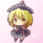  1girl blonde_hair chibi crescent dress hat instrument looking_at_viewer lowres lunasa_prismriver musical_note ryogo solo touhou violin yellow_eyes 