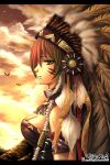  1girl armband bird breasts bust choker cleavage facepaint feathers fringe gradient_hair green_eyes headdress highres jewelry kom_(water0371) letterboxed multicolored_hair native_american native_american_headdress profile short_hair signature solo watermark web_address 