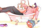  1boy atsuyu bathtub black_hair bouquet flower formal higashikata_jousuke highres jojo_no_kimyou_na_bouken lipstick makeup necktie pompadour purple_hair single_shoe solo 