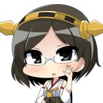  1girl big_head black_eyes black_hair chibi detached_sleeves glasses hairband hand_on_hip hand_up headgear kantai_collection kirishima_(kantai_collection) nontraditional_miko open_mouth simple_background solo twumi white_background wide_sleeves 