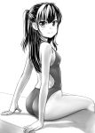  1girl ass competition_swimsuit highres long_hair looking_at_viewer monochrome one-piece_swimsuit original sitting smile swimsuit tk4 twintails two_side_up 