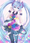  1girl ahoge alicetype blue_eyes blue_hair hands_on_headphones hatsune_miku headphones headset highres long_hair necktie skirt solo tell_your_world_(vocaloid) thighhighs twintails very_long_hair vocaloid 