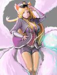  1girl ahri alternate_costume alternate_hair_color alternate_hairstyle animal_ears belt blonde_hair breasts cleavage dmdkrxmrrmq facial_mark fox_ears fox_tail hand_on_hip hat highres jacket league_of_legends legwear_under_shorts long_hair long_sleeves multiple_tails pantyhose salute sheer_legwear shorts solo tail yellow_eyes 