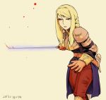  1girl agrias_oaks armor belt blonde_hair blood brown_eyes dated final_fantasy final_fantasy_tactics gloves long_hair pichara simple_background solo sword weapon 