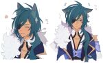  1boy aee_gnsn ahoge animal_ear_fluff animal_ears black_gloves blue_eyes blue_hair blue_jacket cat_ears closed_eyes dark_skin dark_skinned_male eyepatch fingerless_gloves fur_trim genshin_impact gloves gold_trim highres jacket kaeya_alberich long_hair male_focus multiple_views open_mouth ponytail simple_background smile solo white_background 