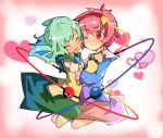  2girls blue_clothes closed_eyes fang frilled_sleeves frills green_hair green_skirt hairband heart heart_background hug kneeling komeiji_koishi komeiji_satori long_sleeves multiple_girls naomoto open_mouth pink_eyes pink_hair pink_skirt siblings sisters skirt skirt_set smile third_eye touhou wince yellow_clothes 