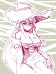  1girl bare_shoulders breasts cleavage corset drawfag earrings hat jewelry large_breasts long_hair luminous_arc monochrome sketch solo tattoo tattooed_breast vanessa_(luminous_arc) very_long_hair witch witch_hat 