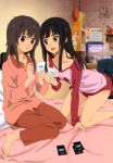  2girls absurdres barefoot black_hair brown_eyes brown_hair card error feet highres kominato_ruuko kurebayashi_yuzuki legs long_hair multiple_girls nyantype official_art pajamas pillow selector_infected_wixoss shirt yellow_eyes 