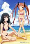  2girls absurdres aihara_enju beach bikini black_bullet black_hair breasts brown_eyes cleavage clouds feet fujisawa_toshiyuki highres legs megami multiple_girls ocean official_art redhead sky smile swimsuit tendou_kisara twintails violet_eyes water 