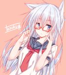  1girl adjusting_glasses anchor_symbol animal_ears blue_eyes blush cat_ears frown glasses hat hibiki_(kantai_collection) highres kantai_collection long_hair narumiya_(empty_cafe) personification red_background school_uniform serafuku short_sleeves signature silver_hair simple_background solo 