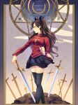  1girl blue_eyes brown_hair fate/stay_night fate_(series) field_of_blades hair_ribbon highres jewelry kiko_(soumakiko) long_hair necklace ribbon solo sword thighhighs tohsaka_rin toosaka_rin two_side_up weapon 