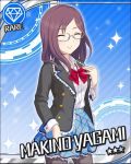  1girl artist_request blue_background brown_hair character_name closed_eyes diamond_(symbol) glasses idolmaster idolmaster_cinderella_girls official_art pantyhose school_uniform yagami_makino 