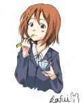  1girl :3 brown_eyes brown_hair chopsticks eating hirasawa_yui k-on! kafui rice_bowl school_uniform signature simple_background sketch solo 