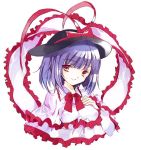  1girl blue_hair bow breasts cierra_(ra-bit) frills hat hat_bow long_sleeves looking_at_viewer nagae_iku portrait red_eyes shawl short_hair simple_background smile solo touhou white_background 