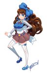  1girl bliss_barson blue_eyes bow breasts brown_hair cryamore curly_hair earrings eyeshadow full_body hair_bow hand_on_hip harada_takehito_(style) highres hoop_earrings jewelry long_hair makeup mole parody robert_porter skirt smile solo striped striped_legwear style_parody thigh-highs vertical-striped_legwear vertical_stripes white_legwear zettai_ryouiki 