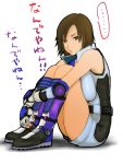 ... 1girl boots breasts brown_eyes brown_hair elbow_pads fingerless_gloves gloves hawk_(cwmg) kazama_asuka knee_boots knees_to_chest large_breasts namco pout short_hair sitting solo tekken translated 
