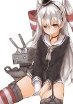  1girl amatsukaze_(kantai_collection) blush brown_eyes covering covering_crotch frown garter_straps kantai_collection long_hair looking_at_viewer mini_hat mizushina_minato personification red_legwear rensouhou-kun school_uniform serafuku silver_hair simple_background single_glove sitting solo spread_legs striped striped_legwear thigh-highs twintails 