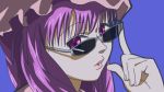  1girl dr765 joshi_kousei lips looking_at_viewer parody patchouli_knowledge purple_hair solo sunglasses touhou violet_eyes 