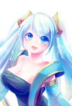  1girl bare_shoulders blue_eyes blue_hair blush breasts cleavage large_breasts league_of_legends long_hair looking_at_viewer mizoreame open_mouth smile solo sona_buvelle twintails 