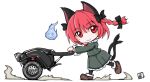  1girl animal_ears bow braid cat_ears cat_tail chibi flaming_skull floating_skull hair_bow hayate-s kaenbyou_rin long_sleeves looking_at_viewer red_eyes redhead running shirt skirt skirt_set smile solo tail touhou twin_braids wheelbarrow 