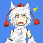  /\/\/\ 1girl animal_ears bare_shoulders blue_background blush breasts detached_sleeves fang hat inubashiri_momiji looking_up lowres open_mouth pom_pom_(clothes) shirt short_hair silver_hair simple_background solo surprised tanisino_hitugi tokin_hat touhou white_shirt wolf_ears 