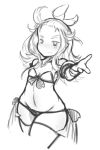  1girl ahoge arceonn bare_shoulders bikini blush bow bravely_default:_flying_fairy cropped_legs edea_lee flat_chest hair_bow long_hair lowleg lowleg_bikini monochrome mound_of_venus navel outstretched_hand smile solo swimsuit thighhighs wide_hips 