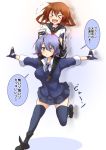  &gt;:d &gt;_&lt; 2girls :d brown_hair carrying eyepatch fingerless_gloves gloves hair_ornament headgear ikazuchi_(kantai_collection) kantai_collection miyamaru multiple_girls o3o open_mouth outstretched_arms personification purple_hair school_uniform serafuku short_hair shoulder_carry skirt smile spread_arms tenryuu_(kantai_collection) thigh-highs translation_request yellow_eyes 
