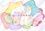  1girl blue_eyes butterfly cellphone from_above gumi hair_over_one_eye headphones hidden_mouth holding_phone inko_(mini) long_sleeves loose_socks lying no_pupils no_shoes phone pillow short_hair shorts sleeves_past_wrists smartphone socks solo toeless_socks vocaloid 