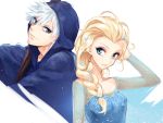  1boy 1girl apfl0515 bare_shoulders blonde_hair blue_eyes braid crossover dress elsa_(frozen) frozen_(disney) hoodie jack_frost_(rise_of_the_guardians) lips long_hair makeup power_connection rise_of_the_guardians silver_hair single_braid smile staff white_hair 