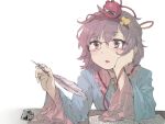  1girl bespectacled blush eyeball geppewi glasses hairband hand_on_own_face heart komeiji_satori long_sleeves open_mouth paper pen pink_eyes pink_hair quill short_hair simple_background solo string table third_eye touhou white_background wide_sleeves 